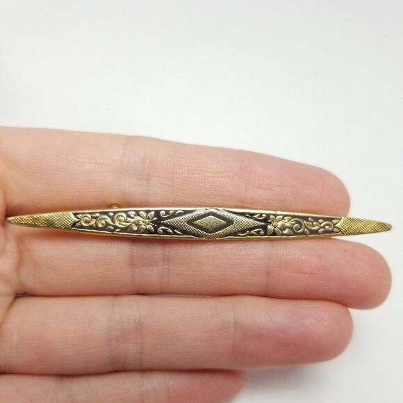 Vintage Gold Tone Bar Brooch, Detailed Design, Retro Estate Lapel Pin - Picture 5 of 5